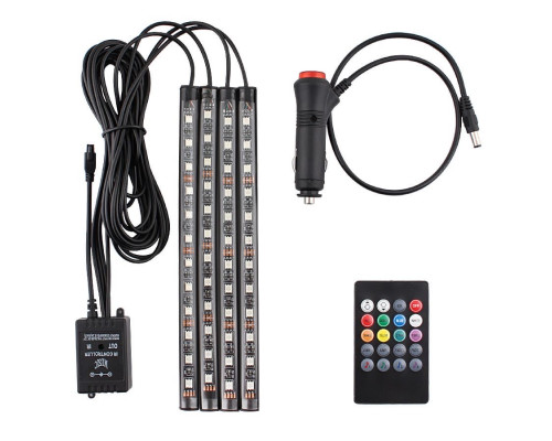 T4488  Автомобильная RGB лента 12 LED светодиодная подсветка в салон авто ног цветомузыка пульт ваз