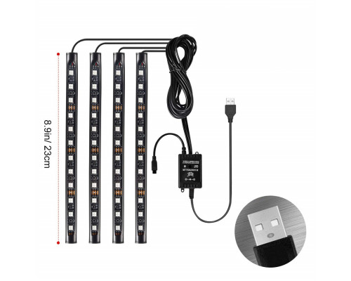T4488  Автомобильная RGB лента 12 LED светодиодная подсветка в салон авто ног цветомузыка пульт ваз