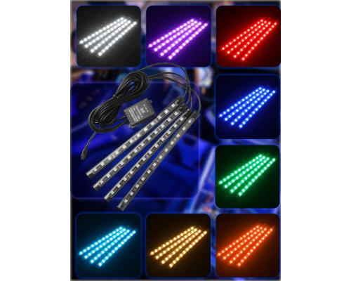 T4488  Автомобильная RGB лента 12 LED светодиодная подсветка в салон авто ног цветомузыка пульт ваз