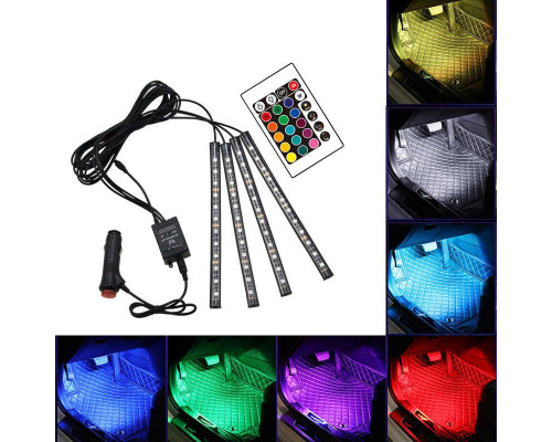 T4488  Автомобильная RGB лента 12 LED светодиодная подсветка в салон авто ног цветомузыка пульт ваз