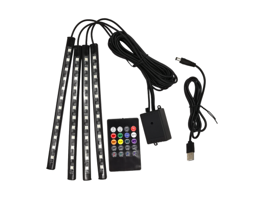 T4488  Автомобильная RGB лента 12 LED светодиодная подсветка в салон авто ног цветомузыка пульт ваз