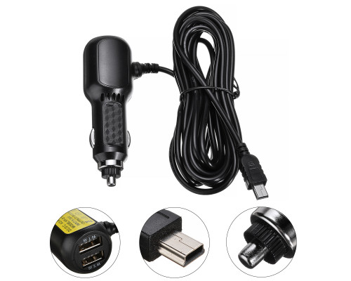 T2469 Автомобильное зарядное устройство с кабелем 2 USB + miniUSB