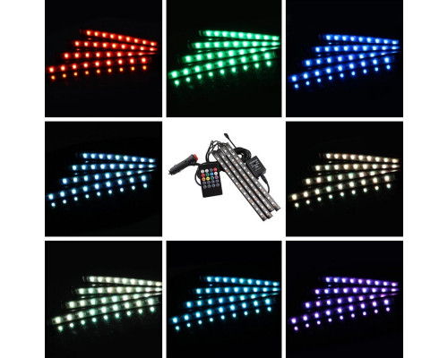 T4489  Автомобильная RGB лента 9 LED светодиодная подсветка в салон авто ног цветомузыка пульт ваз