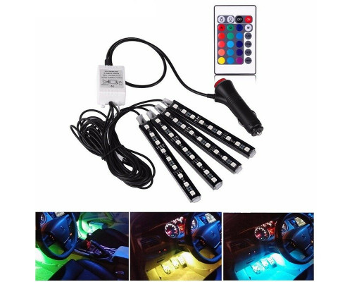 T4489  Автомобильная RGB лента 9 LED светодиодная подсветка в салон авто ног цветомузыка пульт ваз