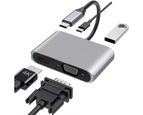 T5292 Адаптер 4 в 1 ХАБ Type-C для ноутбука с выходом USB-C HUB PD+HDTV+VGA+USB